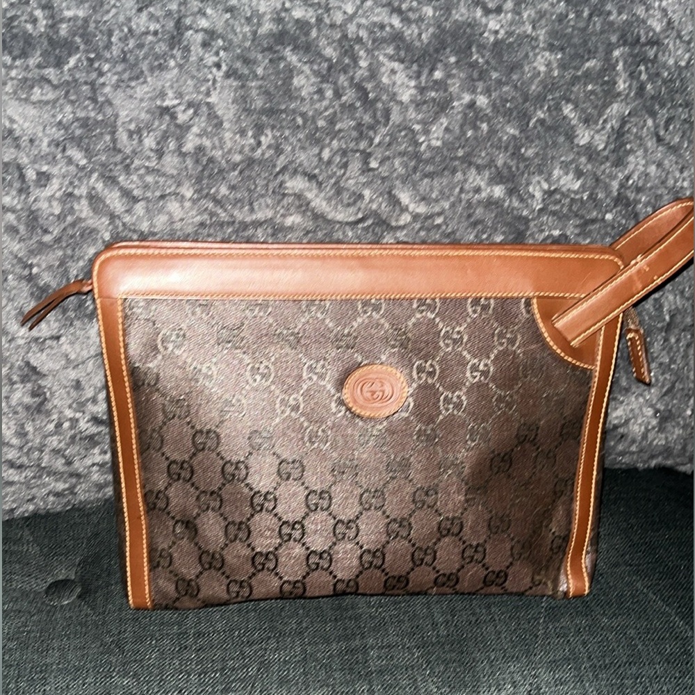 Authentic Gucci Second Bag GG Canvas Leather Brown